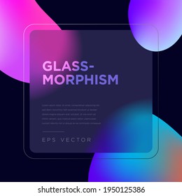 Liquid abstract shapes on background. Transparent square frame in glass morphism or glassmorphism style. Transparent and blurred frame. Vector illustration.