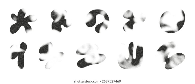 Liquid abstract shapes in various organic forms exhibit a blur and noise effect, creating a mesmerizing arrangement on a monochromatic background that invites viewer interpretation.