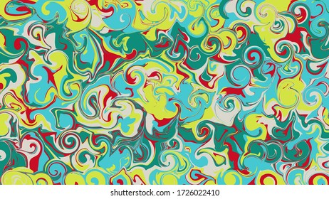 Liquid abstract texture. Swirling paint effect. Vector illustration. Marble abstract background. Blue, red and yellow colors.