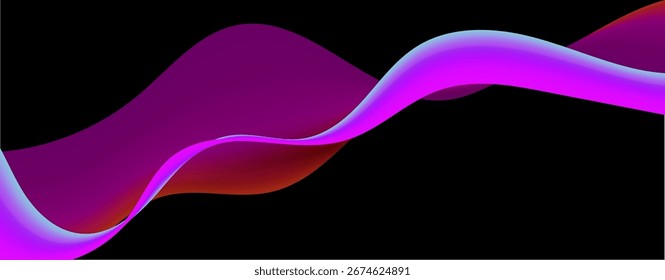 Curvas De Fluxo Vibrantes De Ondas Abstratas Líquidas Sobre Fundo Preto. Neon Gradient Curve Flow for Futuristic Posters, Web Design, Capas, Faixas, Arte Digital, Branding, Layout Moderno. Tela de Fundo do Vetor