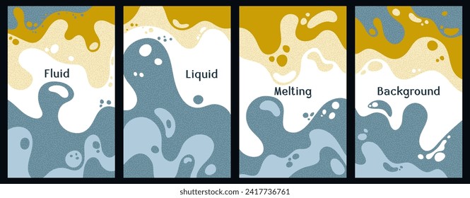 Liquid acrylic waves flowing, splashes and bubbles in greyish blue and gold colors. Summer holidays banner background set. Fluid liquid wavy patterns. Sparse texture.