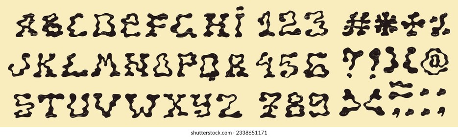 Liquid alphabet, numbers, and symbols. Set of funky letters. Vector.