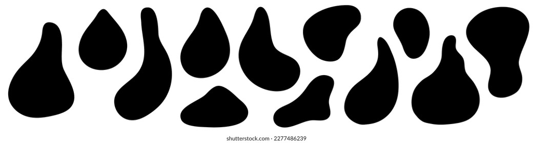 Liquid amorphous organic irregural shape. Asymmetric black fluid blob silhouette. Simple ink  smooth stain, abstract uneven forms. Isolated on white background. Vector illustration