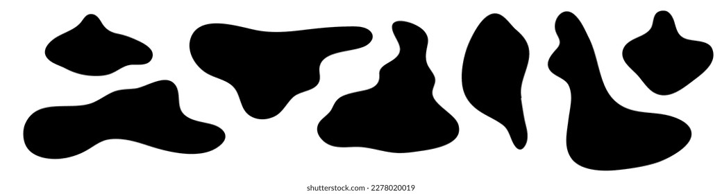 Forma amorfa líquida irregural. Silhouette de blob de líquido negro asimétrico. Sencilla mancha lisa de tinta, formas abstractas y desiguales. Aislado sobre fondo blanco. Ilustración del vector