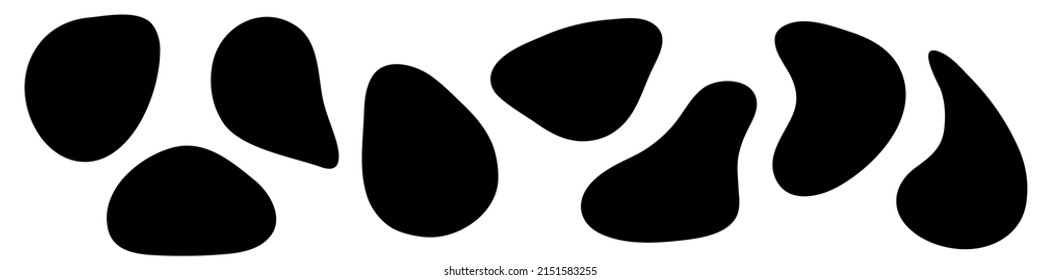 Liquid amorphous shapes, asymmetric irregular forms, black organic fluid blobs. Isolated silhouette, simple smooth ink stain. Flat design elements. Vector illustration