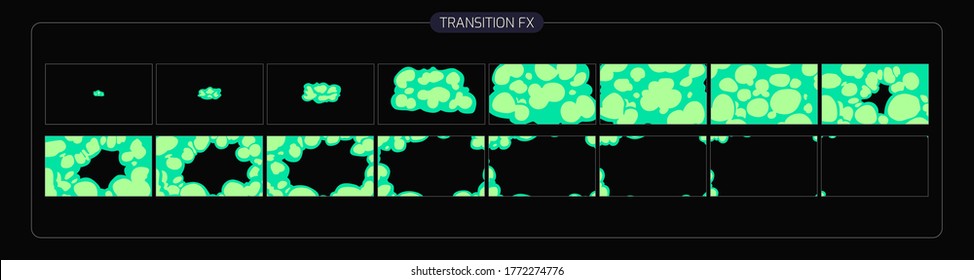 Liquid Animation Transitions Effect. Colorful Scene Transition Fx Sprite Sheet For Video Game, Cartoon, Animation And Motion Design. Eps 10 Vector Illustration.