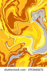 Textura de arte líquido. Fondo abstracto con efecto de pintura giratoria. A4. Pintura con acrílico líquido que pica y salpica. Pintas mixtas para un afiche interior. iridiscente amarillo, gris y marrón 