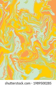 Textura de arte líquido. Fondo abstracto con efecto de pintura giratoria. A4. Pintura con acrílico líquido que pica y salpica. Pintas mixtas para un afiche interior. amarillo, naranja y verde irrisorio 