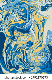 Liquid art texture. Abstract background with swirling paint effect. Painting with liquid acrylic that pours and splashes. Mixed paints for an interior poster. 
blue, yellow and gray iridescent colors.