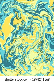 Liquid art texture. Abstract background with swirling paint effect. Painting with liquid acrylic that pours and splashes. Mixed paints for an interior poster. 
yellow and blue iridescent colors. A4