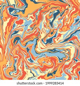 Flüssige Kunsttextur. Abstrakter Hintergrund mit wirbelnder Farbwirkung. Malerei mit flüssigem Acryl, das gießt und spritzt. Gemischte Farben für ein Innenposter. 
braun, blau und orange