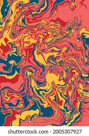 Liquid art texture. Abstract background with swirling paint effect. Painting with liquid acrylic that pours and splashes. Mixed paints for an interior poster. 
red, yellow and blue iridescent colors. 