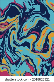 Liquid art texture. Abstract background with swirling paint effect. A4. Painting with liquid acrylic that pours and splashes. Mixed paints for an interior poster. blue, yellow and red iridescent colo