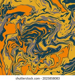 Liquid art texture. Abstract background with swirling paint effect. Painting with liquid acrylic that pours and splashes. Mixed paints for an interior poster. 
yellow, orange and blue iridescent color
