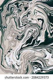Liquid art texture. Abstract background with swirling paint effect. Painting with liquid acrylic that pours and splashes. Mixed paints for an interior poster. 
Black, beige and gray iridescent colors