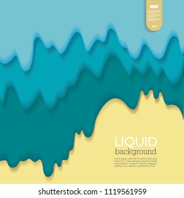 Liquid background. Fluid shape composition. Golden sand beach with blue sea waves.