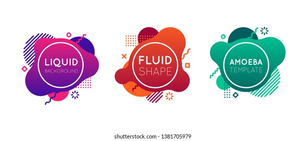 Liquid background templates. Fluid shapes in modern flat style. Amoeba templates with gradients and line elements. Design elements for web banner, poster, flyer. Text in circle. Bright and colorful.