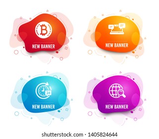 Liquid badges. Set of 24h delivery, Internet chat and Bitcoin icons. Internet search sign. Stopwatch, Online communication, Cryptocurrency coin. Web finder.  Gradient 24h delivery icon. Vector
