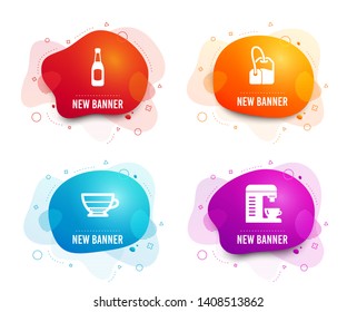 Liquid badges. Set of Americano, Tea bag and Beer icons. Coffee machine sign. Beverage cup, Brew hot drink, Pub alcohol. Cappuccino machine.  Gradient americano icon. Flyer fluid design. Vector