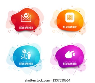 Liquid badges. Set of Approved mail, Cpu processor and Discount icons. Blood donation sign. Confirmed document, Computer component, Sale shopping. Injury.  Gradient approved mail icon. Vector