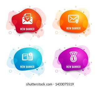 Liquid badges. Set of Approved mail, Instruction info and Verified mail icons. Best rank sign. Confirmed document, Project, Confirmed e-mail. Success medal.  Gradient approved mail icon. Vector