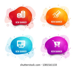 Liquid badges. Set of Atm, Currency and Credit card icons. Special offer sign. Money withdraw, Euro and usd, Bank payment. Discounts.  Gradient atm icon. Flyer fluid design. Abstract shapes. Vector