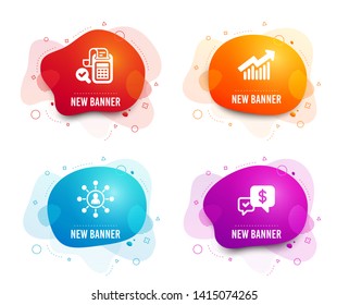 Liquid badges. Set of Bill accounting, Networking and Demand curve icons. Payment received sign. Audit report, Business communication, Statistical report. Money.  Gradient bill accounting icon