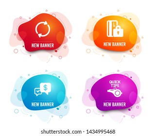 Liquid badges. Set of Blocked card, Full rotation and Payment received icons. Tutorials sign. Private money, Refresh or reload, Money. Quick tips.  Gradient blocked card icon. Flyer fluid design