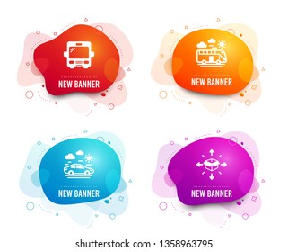 Liquid badges. Set of Bus, Car travel and Bus travel icons. Parcel delivery sign. Tourism transport, Transport, Logistics service.  Gradient bus icon. Flyer fluid design. Abstract shapes. Vector