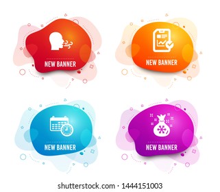 Liquid badges. Set of Calendar, Breathing exercise and Report checklist icons. Santa sack sign. Time, Breath, Sales growth file. Gifts bag.  Gradient calendar icon. Flyer fluid design. Abstract shapes