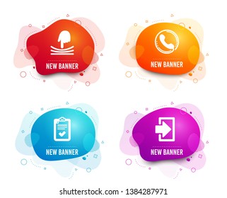 Liquid badges. Set of Call center, Checklist and Elastic icons. Login sign. Phone support, Survey, Resilience. Sign in.  Gradient call center icon. Flyer fluid design. Abstract shapes. Vector