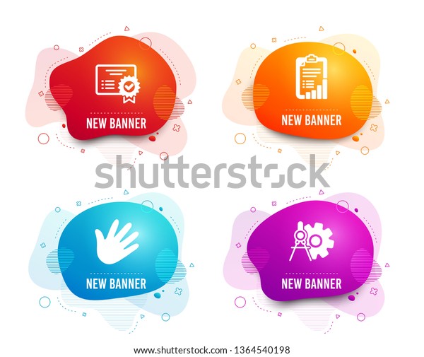 Liquid badges. Set of Certificate, Hand and\
Checklist icons. Cogwheel dividers sign. Verified document, Swipe,\
Graph report. Settings.  Gradient certificate icon. Flyer fluid\
design. Abstract shapes