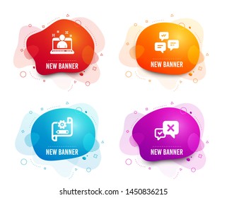 Liquid badges. Set of Chat messages, Best manager and Cogwheel blueprint icons. Reject sign. Communication, Best developer, Edit settings. Delete message.  Gradient chat messages icon. Vector