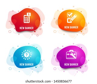 Liquid badges. Set of Checkbox, Calculator and Question mark icons. Tool case sign. Survey choice, Money management, Quiz chat. Repair service.  Gradient checkbox icon. Flyer fluid design. Vector