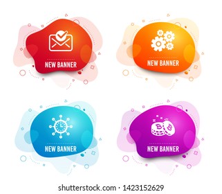 Liquid badges. Set of Cogwheel, World time and Approved mail icons. Bitcoin sign. Engineering tool, Measurement device, Confirmed document. Cryptocurrency coin.  Gradient cogwheel icon. Vector