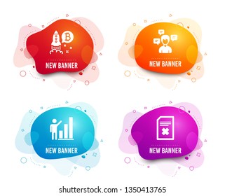Liquid badges. Set of Conversation messages, Graph chart and Bitcoin project icons. Delete file sign. Communication, Growth report, Cryptocurrency startup. Remove document. Vector