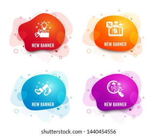 Liquid badges. Set of Creative idea, Travel loan and Santa boots icons. Search flight sign. Present box, Trip discount, New year. Airplane trip.  Gradient creative idea icon. Flyer fluid design