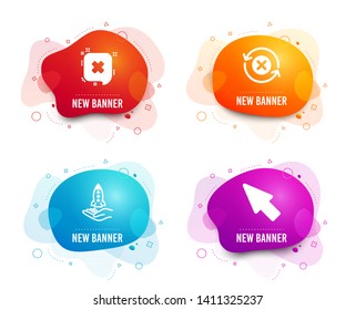Liquid badges. Set of Crowdfunding, Reject and Reject refresh icons. Mouse cursor sign. Start business, Delete message, Update rejection. Click arrow.  Gradient crowdfunding icon. Flyer fluid design