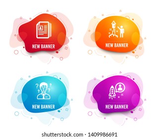 Liquid badges. Set of Cv documents, Support consultant and Fireworks icons. Startup sign. Portfolio files, Question mark, Party pyrotechnic. Developer.  Gradient cv documents icon. Flyer fluid design