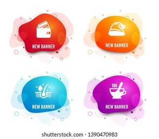 Liquid badges. Set of Debit card, Santa hat and Serum oil icons. Tea cup sign. Wallet with credit card, Christmas, Healthy hairs. Coffee with spoon.  Gradient debit card icon. Flyer fluid design