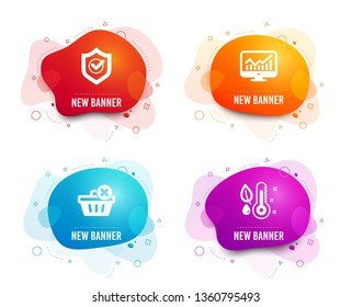 Liquid badges. Set of Delete purchase, Statistics and Approved shield icons. Thermometer sign. Remove from basket, Financial report, Protection. Grow plant.  Gradient delete purchase icon. Vector