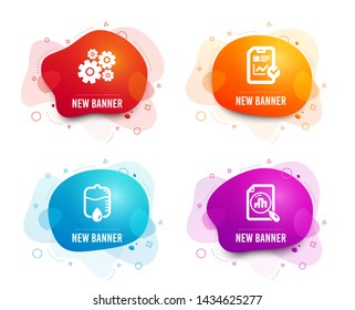 Liquid badges. Set of Drop counter, Cogwheel and Report checklist icons. Analytics graph sign. Medical equipment, Engineering tool, Sales growth file. Chart report.  Gradient drop counter icon
