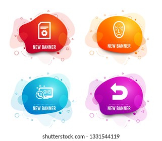 Liquid badges. Set of Face biometrics, File settings and Web call icons. Undo sign. Facial recognition, File management, Phone support. Left turn.  Gradient face biometrics icon. Flyer fluid design