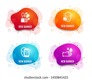 Liquid badges. Set of Face biometrics, Mint bag and Face attention icons. Rubber gloves sign. Facial recognition, Mentha tea, Exclamation mark. Hygiene equipment.  Gradient face biometrics icon