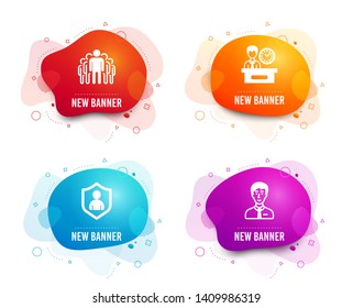 Liquid badges. Set of Group, Presentation time and Security icons. Businessman person sign. Managers, Report, Private protection. Male user.  Gradient group icon. Flyer fluid design. Abstract shapes