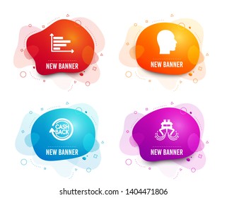 Liquid badges. Set of Head, Horizontal chart and Cashback icons. Ship sign. Human profile, Presentation graph, Refund commission. Shipping watercraft.  Gradient head icon. Flyer fluid design. Vector