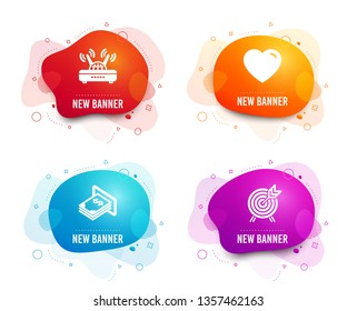 Liquid badges. Set of Heart, Atm money and Wifi icons. Archery sign. Love feelings, Dollar currency, Internet router. Attraction park.  Gradient heart icon. Flyer fluid design. Abstract shapes. Vector