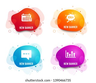 Liquid badges. Set of Idea, Blog and Calendar icons. Upper arrows sign. Creative message, Chat message, Calculator device. Growth infochart.  Gradient idea icon. Flyer fluid design. Abstract shapes