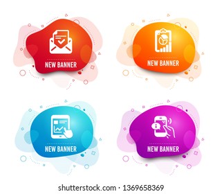 Liquid badges. Set of Internet report, Report and Approved mail icons. Call center sign. Web tutorial, Presentation chart, Confirmed document. Phone support.  Gradient internet report icon. Vector