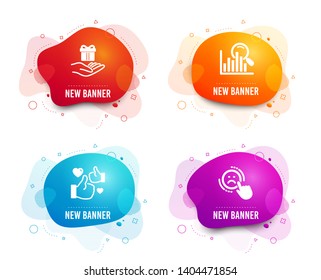 Liquid badges. Set of Like, Loyalty program and Search icons. Dislike sign. Thumbs up, Gift, Analytics. Negative feedback.  Gradient like icon. Flyer fluid design. Abstract shapes. Vector